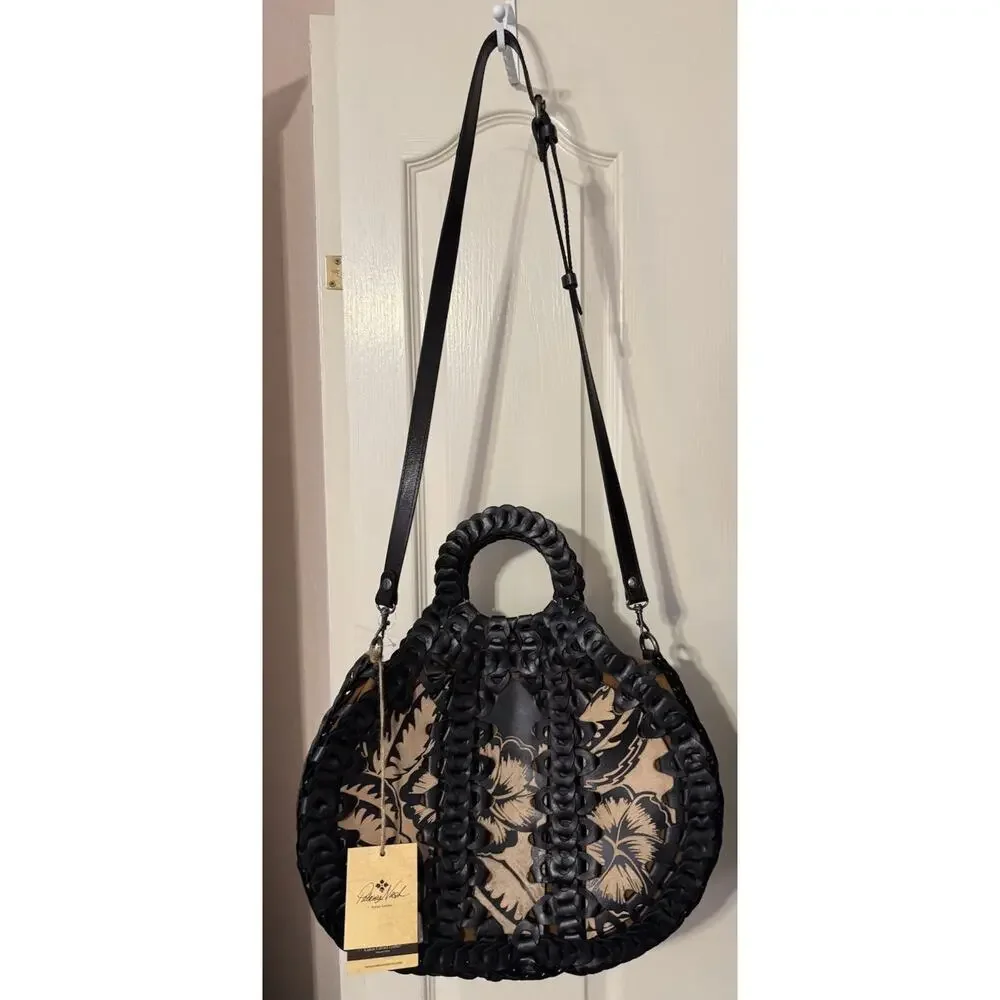 NWT Patricia Nash Black Italian Leather Woven Chain Link Floral Handbag Purse - Picture 2 of 9